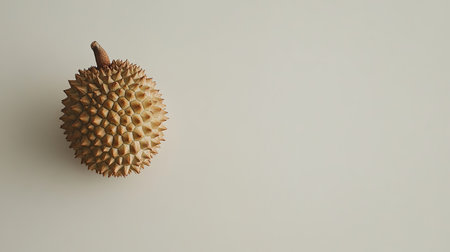 A single spiky durian fruit placed on a soft minimalist surface, symbolizing exotic flavors and healthy eating choices in contemporary culinary photography.の素材