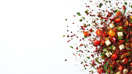 A vibrant display of assorted fresh vegetables and herbs laid out on a clean white background, perfect for promoting healthy eating and culinary creativity in food photography.の素材