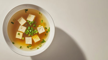 A soothing clear soup featuring tofu cubes and vibrant green onions, presented in a minimalist style. Perfect for culinary inspiration and healthy eating.の素材