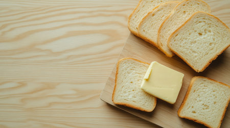 Fresh slices of bread are beautifully arranged on a wooden board alongside a pat of butter, perfect for breakfast or a tasty snack any time of day.の素材