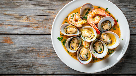 Indulge in a colorful seafood dish featuring clams, shrimp, and mussels in a savory broth, perfect for food lovers seeking fresh culinary experiences.の素材