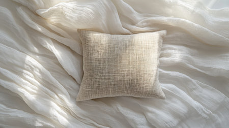 A soft decorative pillow lies gracefully on light textured fabric, softly illuminated by natural light, creating a serene atmosphere ideal for home decor and relaxation.の素材