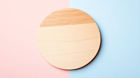A round wooden board rests on a stylish split background of pink and blue, creating a perfect setting for culinary photography, design projects, and home decor inspiration.の素材