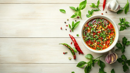 A vibrant bowl of spicy herb sauce featuring fresh red chili peppers and garlic, beautifully arranged on a wooden table with green herbs, perfect for enhancing any dish.の素材