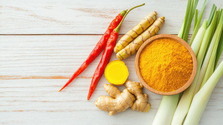Vibrant display of fresh spices and herbs including chili peppers, turmeric roots, ginger, and lemongrass on wooden surface for a culinary touch.の素材
