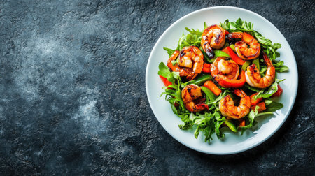 A colorful grilled shrimp salad featuring fresh vegetables and greens presented on a white plate, perfect for showcasing healthy eating in an artistic manner.の素材