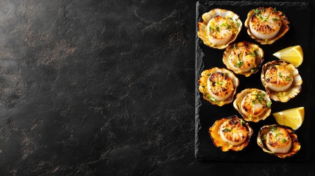 A stunning image of grilled scallops garnished with fresh herbs and lemon on a sleek black slate platter, showcasing a delectable seafood dish perfect for fine dining and culinary delights.の素材