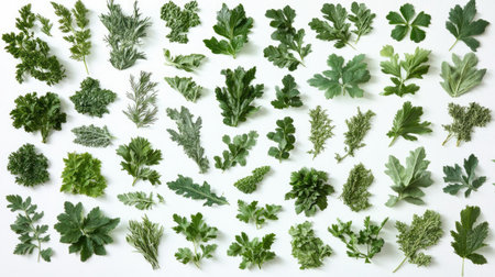 A stunning array of fresh culinary herbs showcases a vibrant palette of greens perfect for cooking and garnishing dishes, highlighting natural textures and flavors.の素材