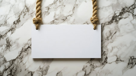 A blank white sign hangs from twisted ropes against a textured marble background, creating a versatile canvas for personalized designs, brand promotions, and creative projects.の素材