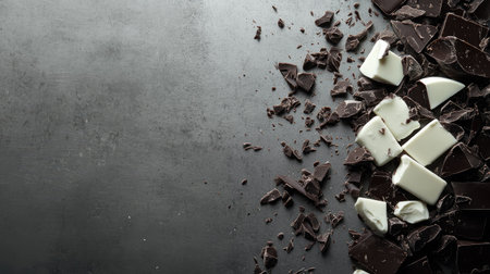 This high-resolution image features an artistic arrangement of broken chocolate pieces on a dark surface, ideal for food photography showcasing desserts or culinary creations.の素材