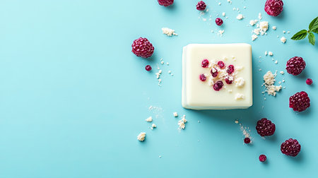 An inviting dessert featuring fresh raspberries atop a creamy base, arranged beautifully on a light blue background, perfect for food photography and culinary inspiration.の素材