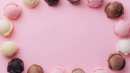 A visually appealing array of ice cream scoops in various colors and flavors, beautifully arranged on a pink backdrop, ideal for summer dessert inspirations.の素材