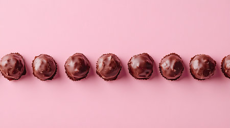 A tempting display of chocolate treats arranged in a line on a soft pink background, ideal for showcasing dessert ideas or sweet culinary inspirations in photography.の素材