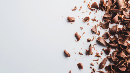 Beautifully arranged chocolate shavings scattered on a smooth surface, ideal for food styling, gourmet presentations, and enhancing dessert recipes with a touch of elegance.の素材
