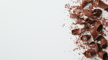 Chocolate shavings create a beautiful texture on a white surface, ideal for food photography or culinary designs, enhancing desserts and showcasing creativity in baking.の素材