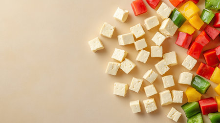 Vibrant cubes of cheese and colorful bell peppers arranged artfully on a neutral surface, perfect for meal preparation or healthy eating inspiration.の素材