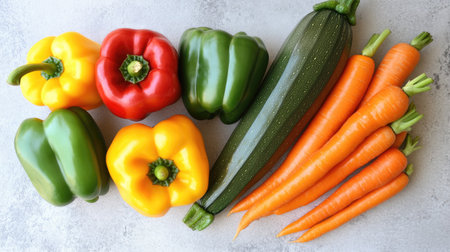 A vibrant collection of fresh bell peppers, zucchini, and carrots on a light background ideal for promoting healthy eating and culinary creativity in food photography.の素材