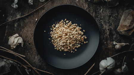 A dark plate holds finely ground ingredients, set against a rustic wooden backdrop with garlic and twigs, evoking an organic and culinary aesthetic perfect for food enthusiasts.の素材