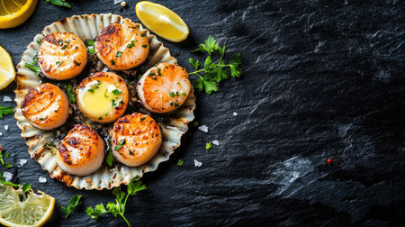 Delight in beautifully grilled scallops adorned with fresh herbs and lemon, presented on a dark slate background for a sophisticated culinary experience.の素材