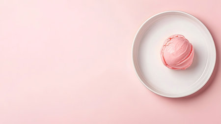 A scoop of pink ice cream sits elegantly on a white plate, creating a delightful visual against a soft pink backdrop. Perfect for summer treats and dessert promotions.の素材