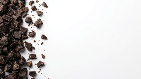 Close-up of dark chocolate chunks scattered on a clean white background, perfect for culinary and food-related projects, baking ideas, and dessert inspirations.の素材