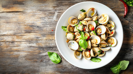 A plate of freshly cooked clams garnished with aromatic herbs and spices, showcasing culinary delights on a rustic wooden surface ideal for food lovers.の素材