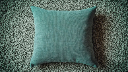 A soft teal decorative pillow positioned on a textured carpet, adding a cozy touch to interior spaces. Ideal for home decor projects and styling inspiration.の素材