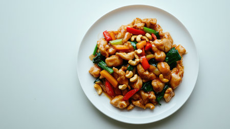 A vibrant stir-fried chicken dish featuring cashews and fresh vegetables, artfully arranged on a white plate, ideal for showcasing Asian culinary delights.の素材