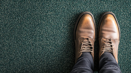 A striking close-up of stylish brown leather shoes against a rich green carpet, ideal for showcasing fashion in various settings. This image captures modern elegance.の素材