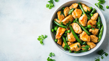 A vibrant bowl of chicken stir-fry featuring tender chicken pieces, crisp green beans, and fresh peas, garnished with parsley, ideal for healthy meal planning and cooking inspiration.の素材