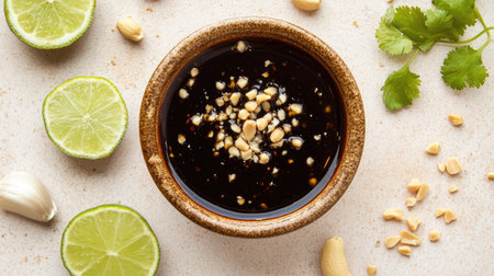 A captivating bowl of dark sauce topped with chopped peanuts, surrounded by fresh lime slices, garlic cloves, and coriander leaves, perfect for enhancing meals.の素材