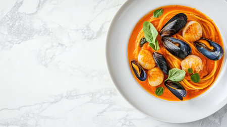 A stunning seafood pasta dish featuring scallops and mussels in a rich tomato sauce, garnished with fresh herbs, perfect for food lovers and culinary enthusiasts.の素材