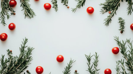 A visually appealing arrangement of fresh rosemary sprigs and cherry tomatoes on a light surface, perfect for holiday themes, cooking, or festive dの素材