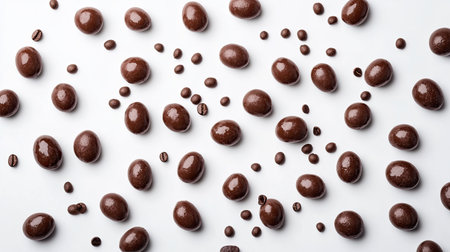 An enticing arrangement of chocolate-coated coffee beans and candy eggs spread across a clean white surface, showcasing rich textures and colors perfect for food-related designs.の素材