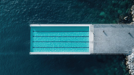 Stunning aerial perspective of a tranquil infinity pool at a coastal pier, showcasing crystal-clear water and inviting surroundings for relaxation and leisure activities.の素材