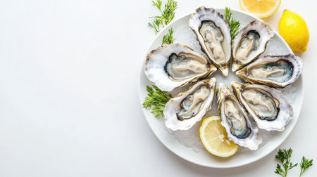 Delight in the freshness of beautifully arranged oysters on ice, accompanied by lemon slices and herbs, perfect for any seafood lover or elegant dinner setting.の素材