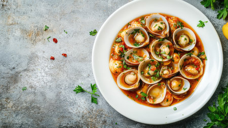 A delightful seafood dish featuring fresh clams simmered in a flavorful stew with herbs and spices, perfect for a cozy dining experience full of rich tastes.の素材