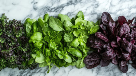 A stunning arrangement of fresh leafy greens on a marble surface, showcasing the vibrant colors and textures of healthy vegetables for culinary inspiration.の素材