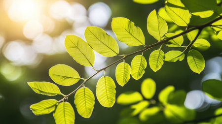 This image captures vibrant green leaves on a branch, illuminated by soft sunlight filtering through a lush forest canopy, perfect for nature-themed projects.の素材