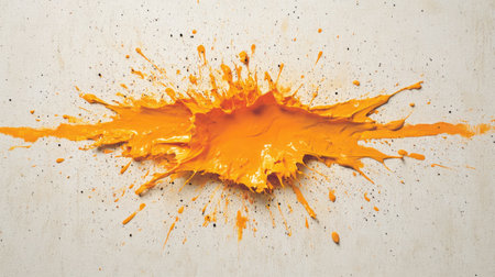 A dynamic and vibrant orange paint splash against a textured concrete backdrop, ideal for creative projects, showcasing the energy and beauty of abstract art.の素材