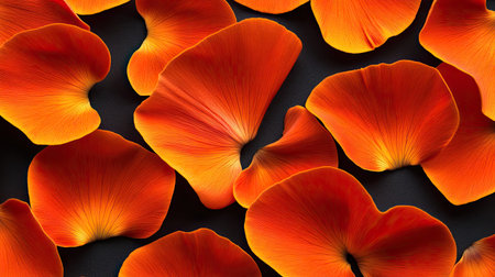 Explore the beauty of vibrant orange petals arranged seamlessly against a black background, creating a striking contrast that highlights the delicate curves and textures of nature.の素材