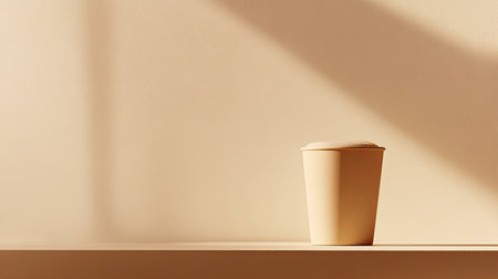 A minimalist beige cup rests on a shelf, illuminated by soft shadows, creating a serene and elegant atmosphere perfect for interior design inspiration.の素材