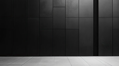 An elegant minimalist black wall featuring textured panels and a clean concrete floor, ideal for contemporary designs and abstract artistic visions.の素材