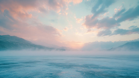 A breathtaking view of a misty lake at dusk, surrounded by mountains and pastel clouds, creating a tranquil and serene atmosphere perfect for nature lovers.の素材