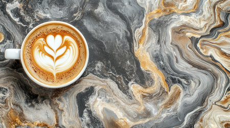 A stunning latte with heart-shaped art sits elegantly on a swirling gray and gold marble surface, capturing the essence of comfort and sophistication in coffee culture.の素材