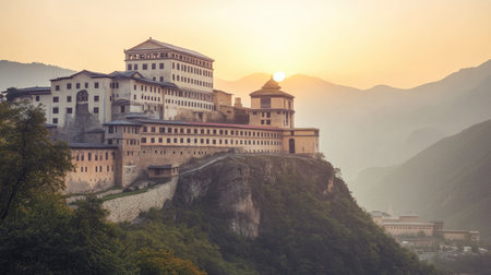 An enchanting ancient fortress perched on a mountain peak, beautifully illuminated by a warm sunset, offering a perfect blend of architecture and natural scenery, ideal for travel themes.の素材
