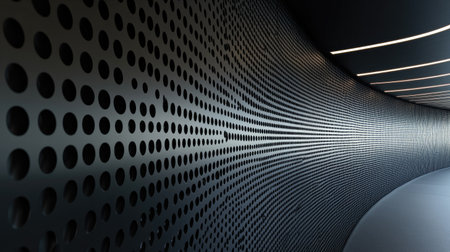 Explore this abstract image showcasing a modern architectural interior with a curved perforated wall and soft lighting, creating a captivating visual experience.の素材