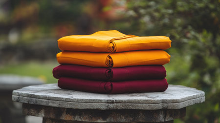 A neat stack of folded colorful fabrics showcasing vibrant autumn colors rests on a stone table, set against a lush green background that adds a serene touch.の素材