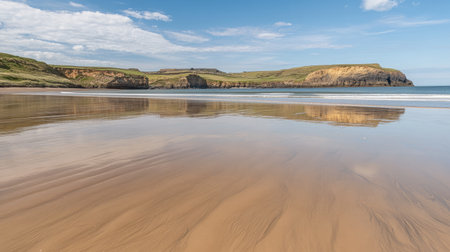 A tranquil beach scene showcasing smooth sands and reflective waters beneath a bright blue sky, perfect for nature enthusiasts and peaceful retreats.の素材