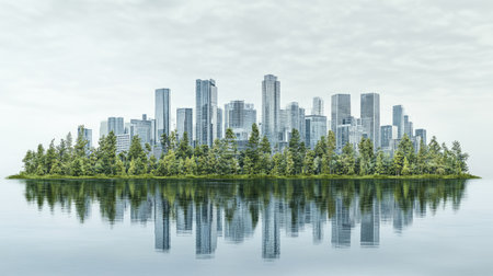 Captivating view of a modern city skyline rising above lush greenery on an island, perfectly reflected in the tranquil water below, showcasing a blend of nature and urban life.の素材